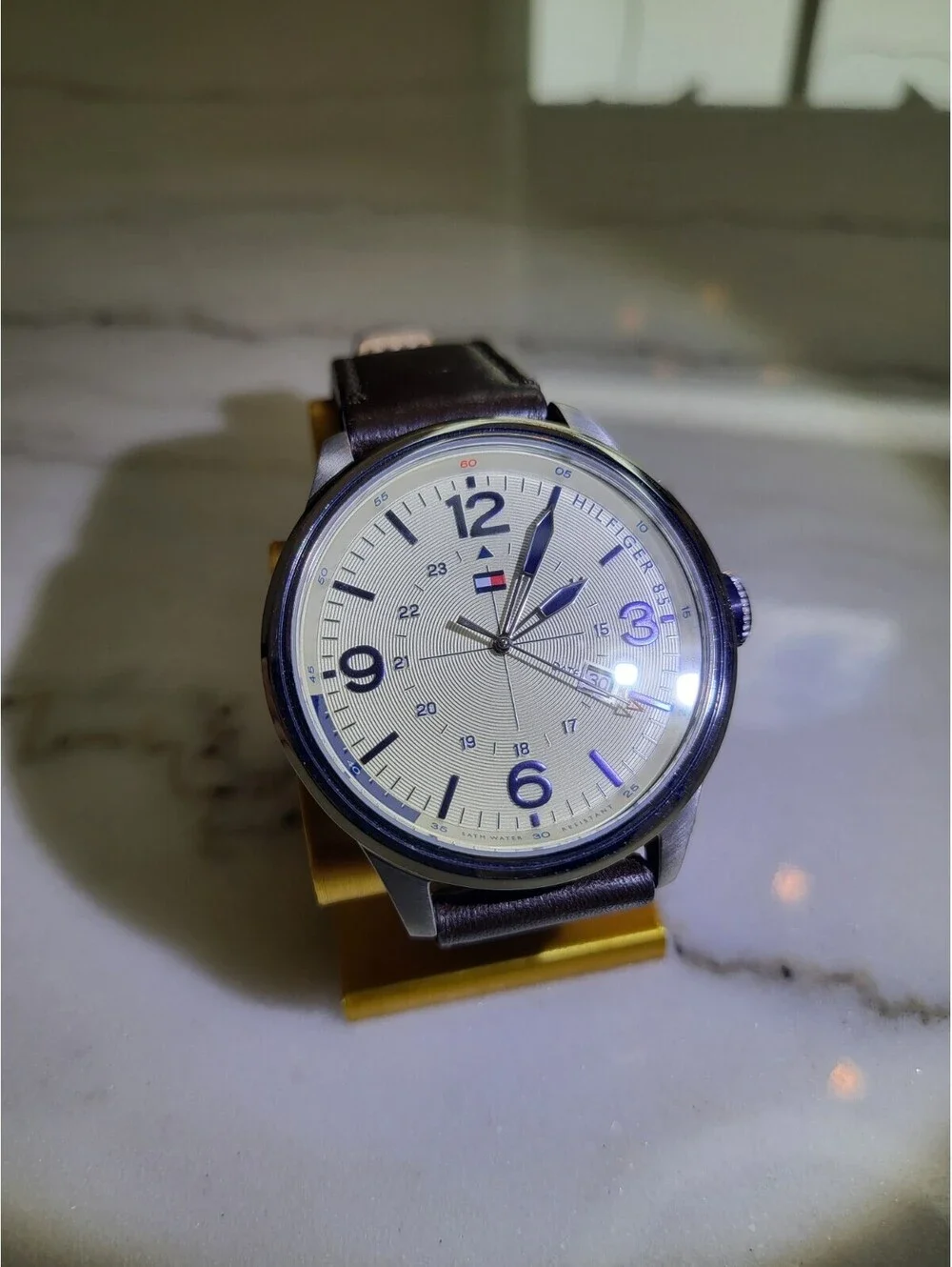 Tommy Hilfiger Cream Dial Brown Leather Men’s Watch Silver Case Date EUC Works